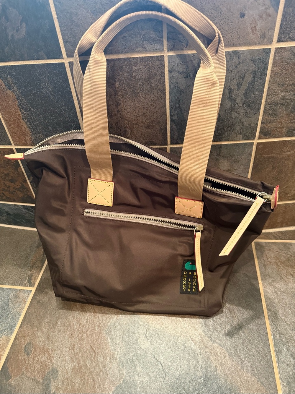 Dooney & Bourke Brown Nylon Messenger Tote with Tan Handles
